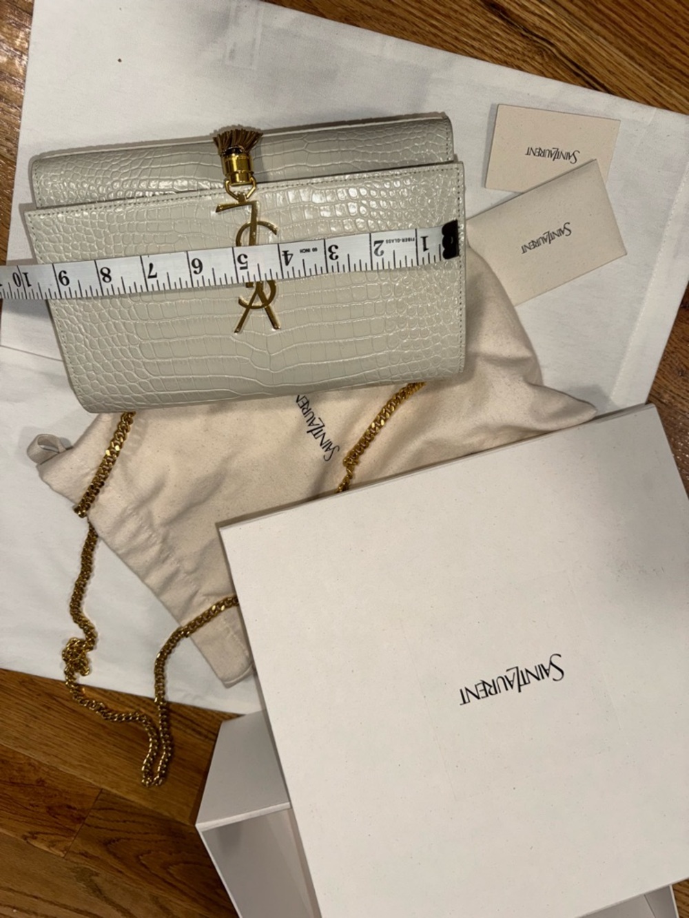 Saint Laurent Ivory Croc-Embossed Chain Crossbody Wallet